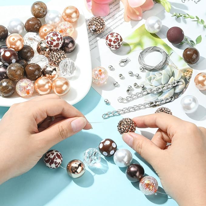 Ipotkitt 50 Pcs/Set Coconut Brown Leopard Print Beads Bracelet Bead Kit with Chain Clasp Candy Color Acrylic Round Spacer Beads for Jewelry Making
