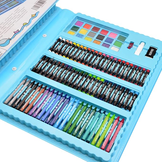 Sunnyglade 185 Pieces Double Sided Trifold Easel Art Set, Drawing Art Box with Oil Pastels, Crayons, Colored Pencils, Markers, Paint Brush, Watercolor Cakes, Sketch Pad (Blue)