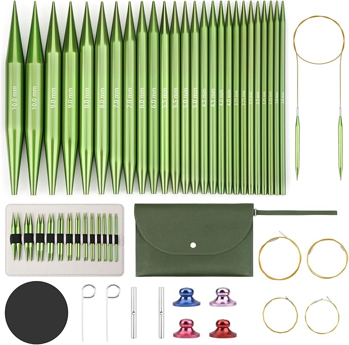 Interchangeable Circular Knitting Needles Set Premium Aluminum Knitting Kit 13 Pairs of 4 Inch with 4 Cables, Accessories and Storage Bag Green