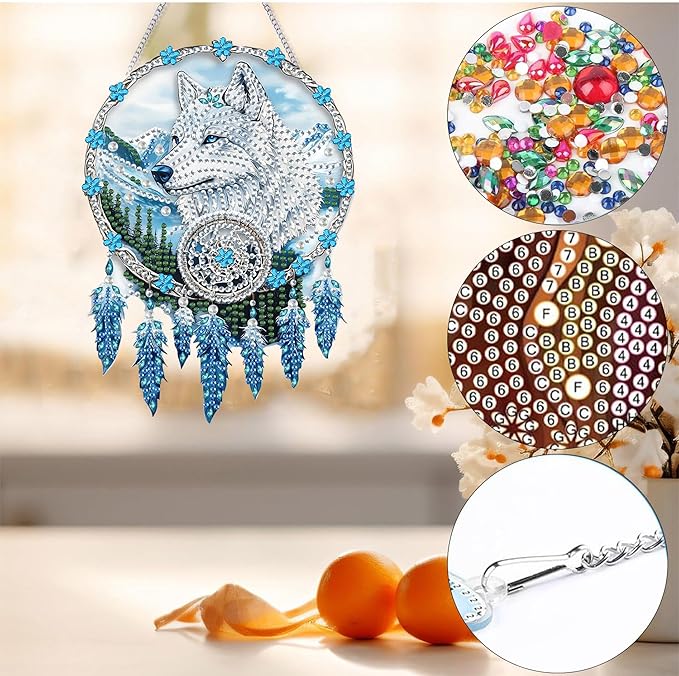 Bimkole Dream Catcher Wolf Diamond Art Hanging Kit for Adult, DIY 5D Diamond Art Painting Window Pendant, Acrylic Crystal Art Hanging Ornament for Wall Home Garden Front Door Decor - 7.8x7.8 Inch