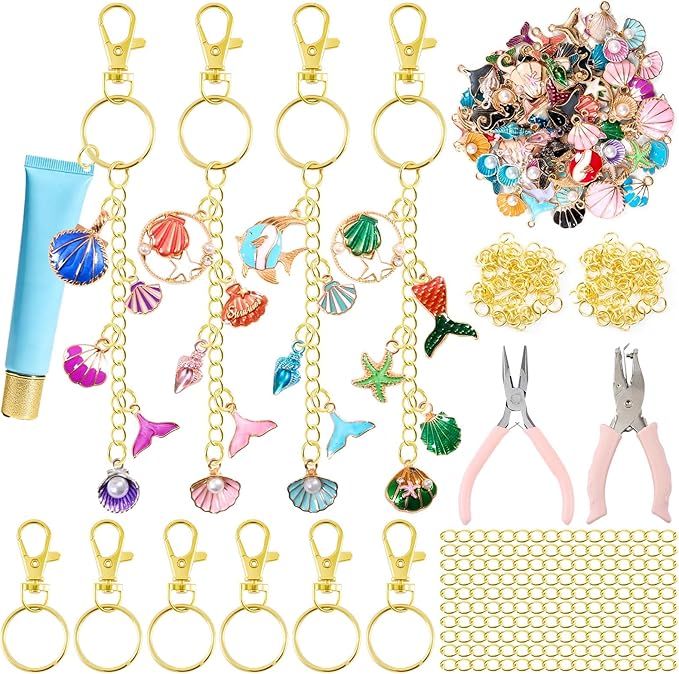 254 Pcs Ocean Themed Charms Lip Gloss Keychain Making Kit Include Summer Sea Beach Enamel Charms Keychain Clips Extender Chains Jump Ring Plier DIY Jewelry Crafts Gifts for Women Adults