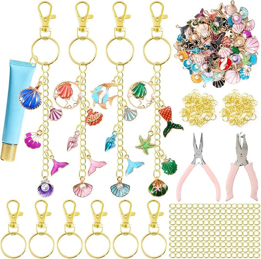 254 Pcs Ocean Themed Charms Lip Gloss Keychain Making Kit Include Summer Sea Beach Enamel Charms Keychain Clips Extender Chains Jump Ring Plier DIY Jewelry Crafts Gifts for Women Adults