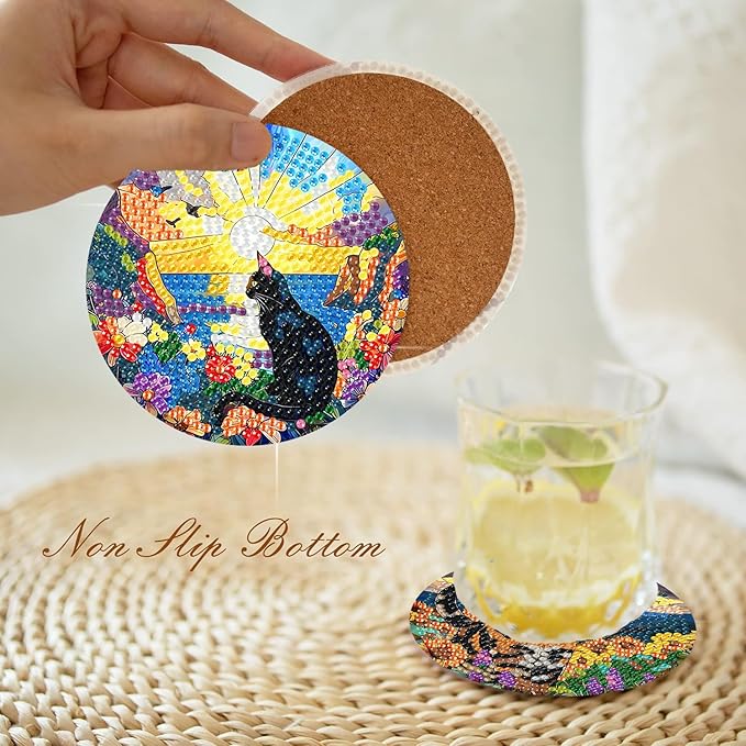 igoodom 8 Pcs Cat Diamond Art Coasters Kit with Holder, DIY Cat Diamond Painting Coasters for Beginners Adults, Non Slip Diamond Art Kits Craft Supplies 4x4inch
