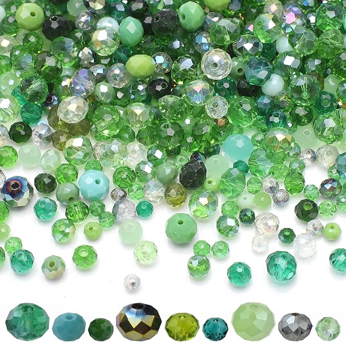 Briolette Crystal Glass Beads for Jewelry Making,1000pcs 4/6/8mm Faceted Rondelle Green Beads Assorted Round Shaped Spacer Bead for DIY Crafts Bracelets