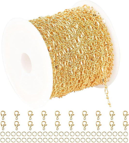 YOUBEIYEE 32.8 Feet 18K Gold Plated Jewelry Chains Bulk, Solid Brass Lip Cable Chain for Women Necklace Bracelet DIY Jewelry Findings