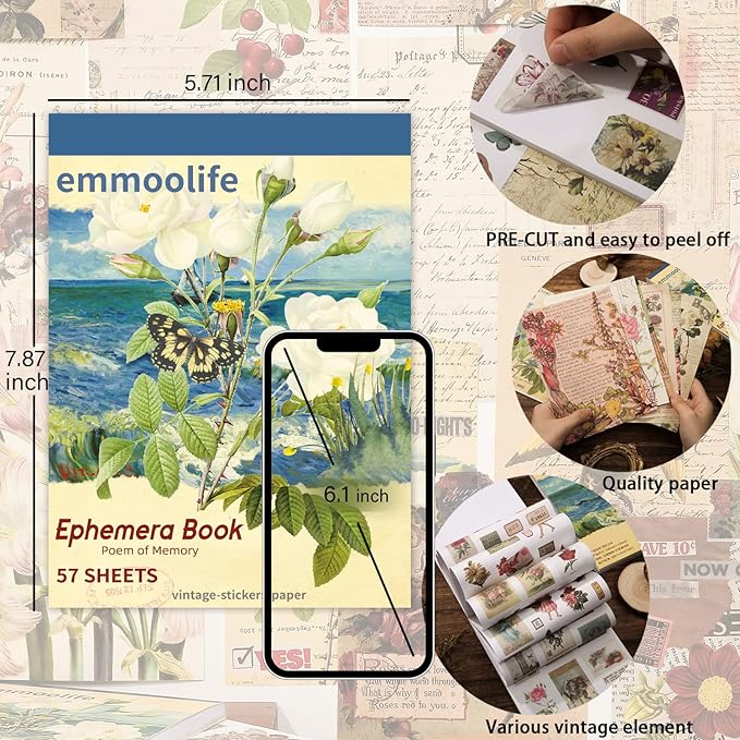537pcs Vintage Washi Stickers and Papers for Scrapbooking, Ephemera Book for Journaling with Botanical Sticker and Scrapbook Decoupage Paper for Bullet Junk Journal, Scrapbooking Supplies for Adults