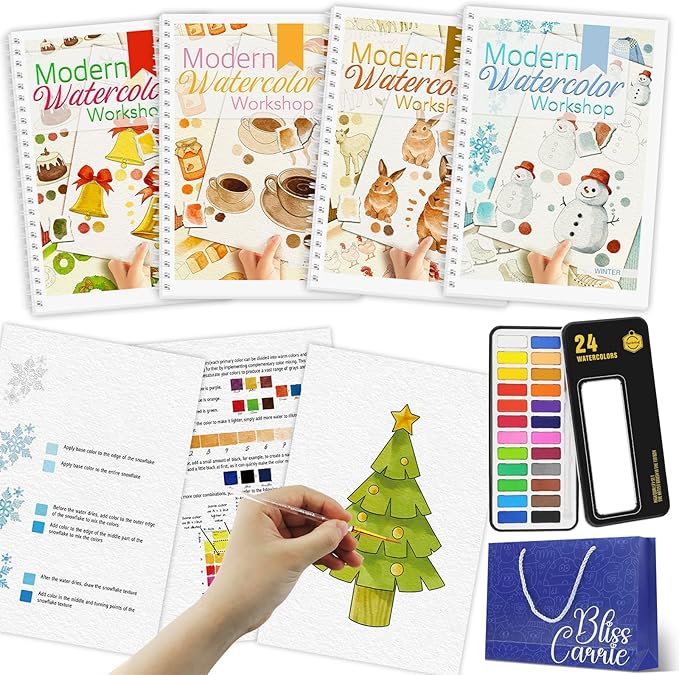 Watercolor Workbook, 4Pcs Beginner Friendly Watercolor Workbook with 48 Patterns, Step by Step Watercolor Workbooks with with 24 Paint Colors & Brush, Water Color Paint Set Valentine's Day Gift