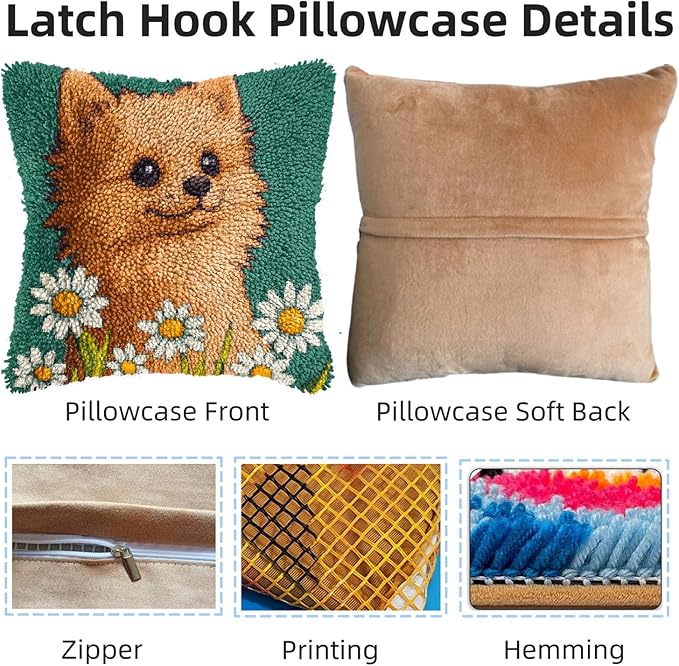 DIY Latch Hook Pillow Kits for Adults Cute Pomeranian Dog and Daisy Printed Pillowcase Crochet Yarns Hooking Handmade Pillow Cover Cushion for Home Sofa Decor 17x17inch(1)