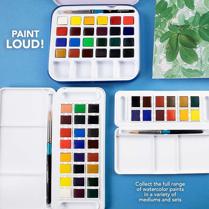 Daler Rowney Aquafine 24-pc Watercolor Travel Set - Watercolor Paint Set for Watercolor Paper and More - Watercolor Set for Artists and Students - Water Color Paint for All Skill Levels