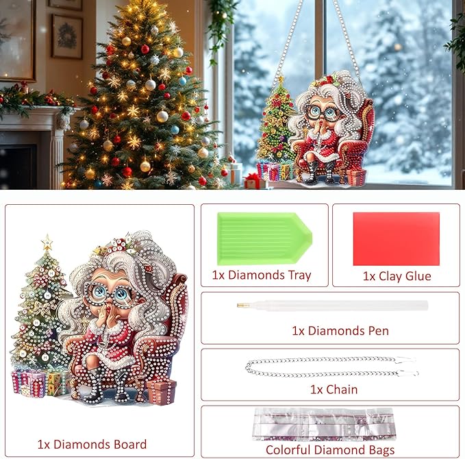SENQAO Christmas Diamond Art Hanging Kits for Adults Kids, Grandma Diamond Art Suncatchers, 5D Special Shape Diamond Painting Pendant Window Ornament Gifts for Home Door Wall Decor