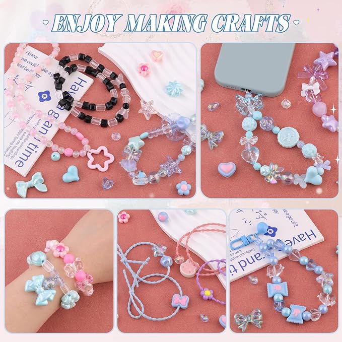 200-260pcs tinkrstuff assorted acrylic beads blue cute beads for bracelet making, bow aesthetic gummybear flower candy butterfly kawaii charms for jewelry making diy necklace keychain phone charm