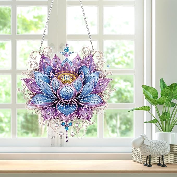 Lotus Diamond Art Hanging Kits for Adults, Diamond Art Suncatchers Flowers, 5D Special Shape Diamond Painting Pendant Window Ornament Gifts for Home Wall Garden Door Decor