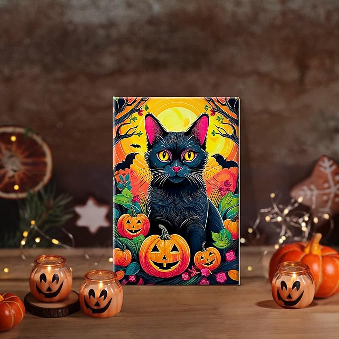 JOOZ Paint by Numbers Kit for Adults with Frame Halloween Paint by Number with Easel Black Cat Adult Paint by Number Kits Framed Canvas DIY Oil Painting Kits for Ideal Gift Home Wall Decor 8x12 Inch
