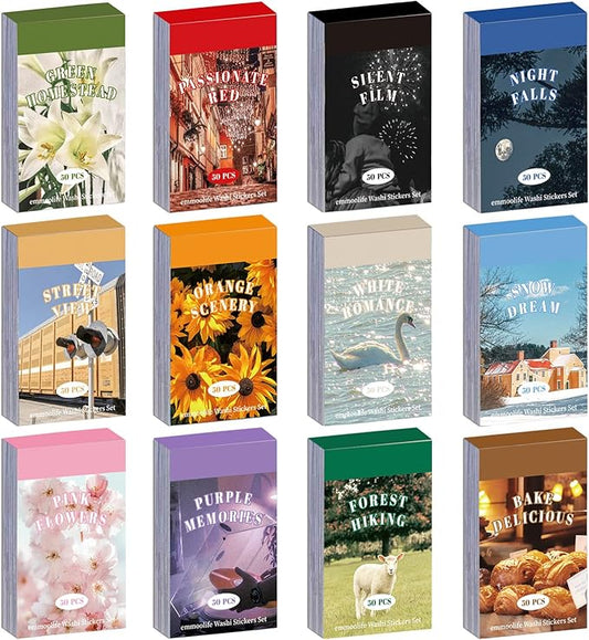 12 sets 600 sheets washi stickers for journaling, daily quote flower nature travel stickers vintage aesthetic scrapbook sticker set for bullet journal art diary card craft gifts planner notebook