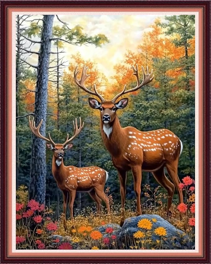 fanxvivy stamped cross stitch kits for beginners full range of cross stitching preprinted embroidery kits for adults, 11ct embroidery pattern needlepoint kits-deer flower 16x20 inch