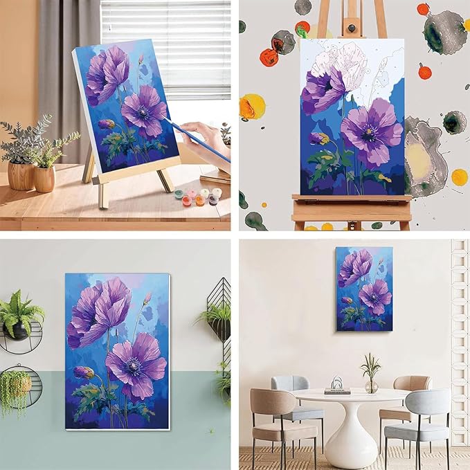 Easy Flower Paint by Numbers for Adults with Framed Canvas - with Wooden Easel, Flowers Paint by Number for Beginners, DIY Acrylic Oil Painting on Canvas with Brushes for Home Wall Decor (8x12 inch)