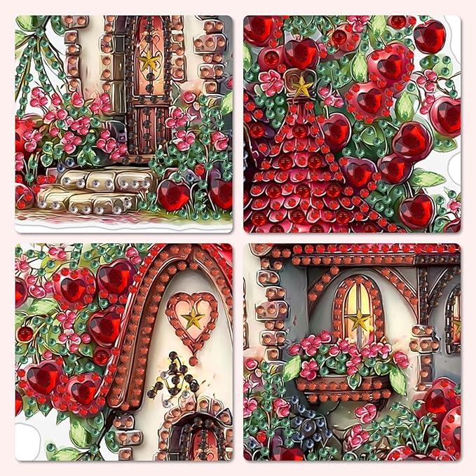 MXJSUA Cherries House Diamond Art Hanging Kits for Adults Beginners, Crystal Diamond Suncatchers, Special Shape Diamond Painting Pendant Window Ornament Gifts for Home Garden Door Wall Decor