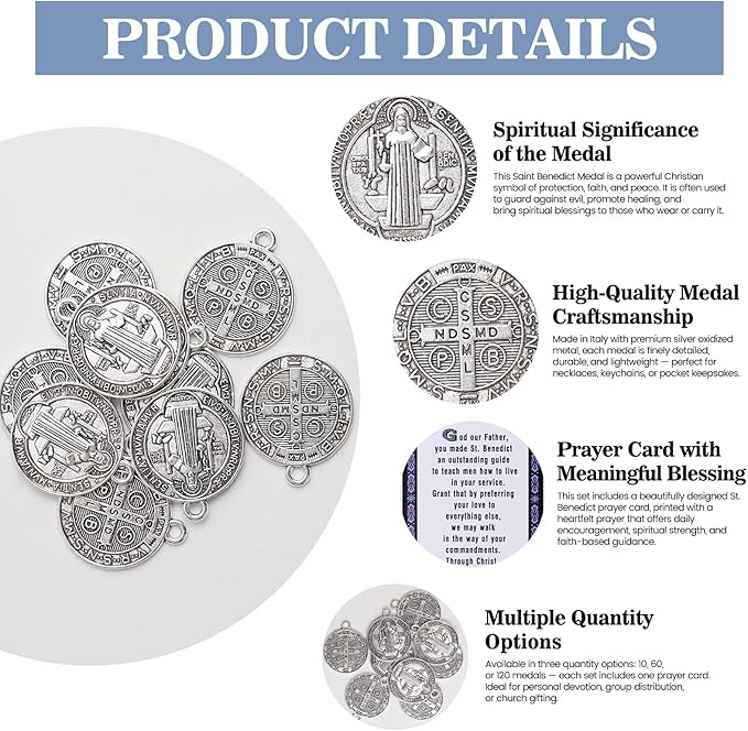 10 Pcs St Benedict Medals,Catholic Saint Benedict Medal for Jewelry Pendant Rosary Parts Making Supplies,Religious Metal Charm Medalla De San Benito