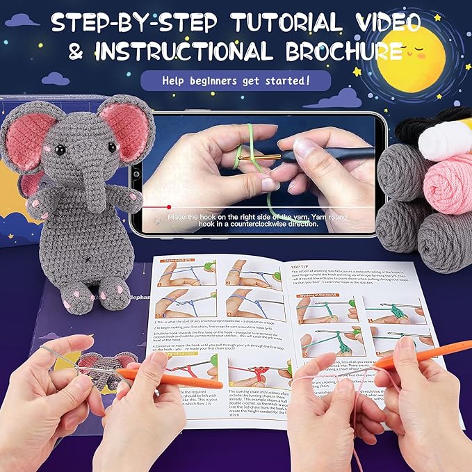 Fortuning's JDS Crochet Kit for Beginners - Elephant Crochet Kits with Step-by-Step Video Tutorials, Beginner Crochet Kit for Adults, Crochet Animal Kit, Goodnight Elephant Crocheting Set (Grey)