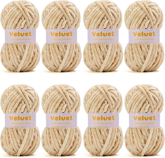 Velvet Yarn Chenille Yarn for Crocheting and Knitting Soft Chenille Bulky Baby Blanket Yarn DIY Weaving Craft 8pack Beige(4oz 66yds Each)