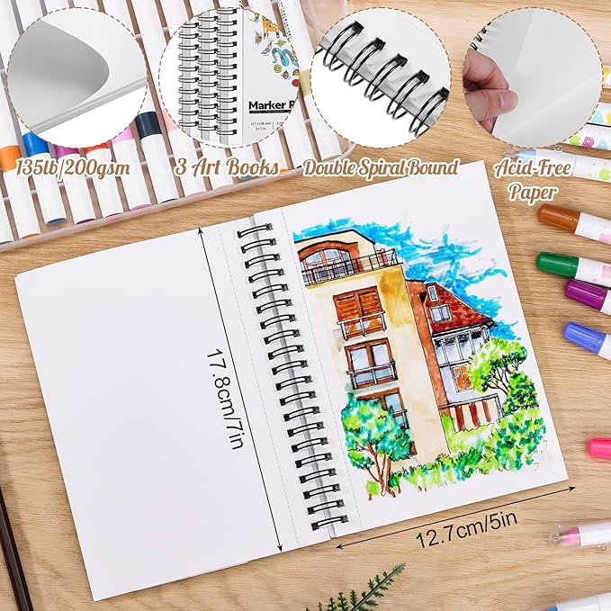 3 Pack Marker Paper Pad, 5×7in Double Sided Bleedproof Sketch Pad, 135lb/200gsm Art Spiral Sketchbook, Smooth Painting Coloring Alcohol Marker Paper for DIY, Ideal Gifts