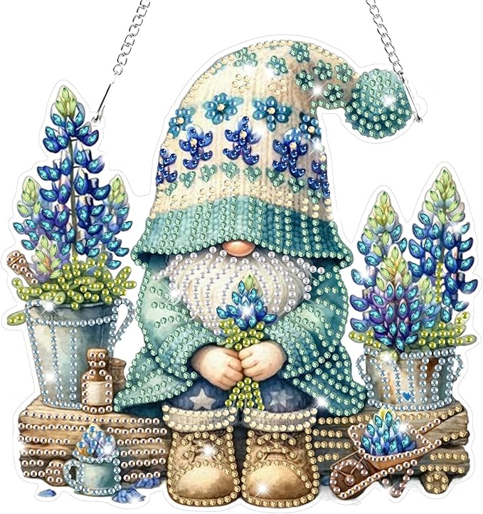 Bowetile Gnome Diamond Art Hanging Kits for Adults, 5D Special Shape Diamond Painting Flowers Pendant Kits, Gem Art Suncatchers Painting Window Ornament for Home Garden Wall Decor