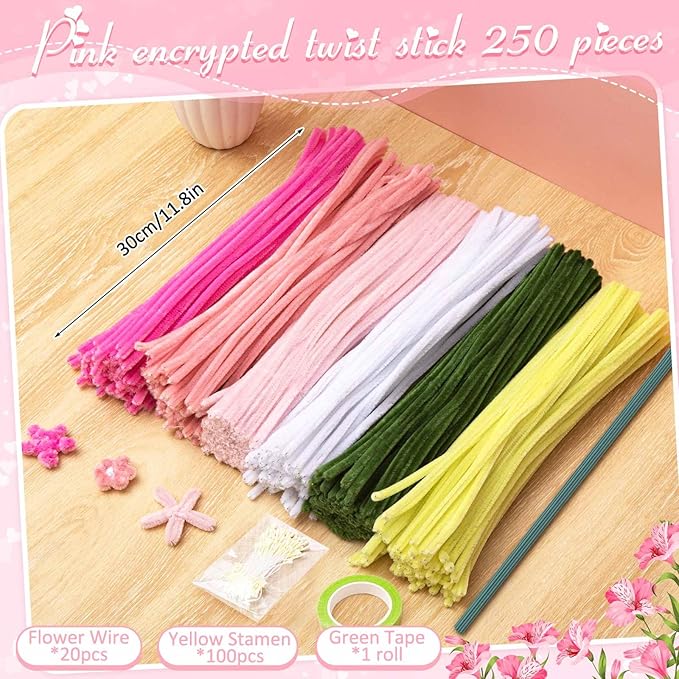 Peryiter 371 Pipe Cleaners Flowers Set, Mixed Colors Chenille Stems Bulk with Floral Wires, Gardening Tape, Stamen for DIY Flower Making Kit, Gift Idea for Mother's Day(Pink, Green, Yellow)