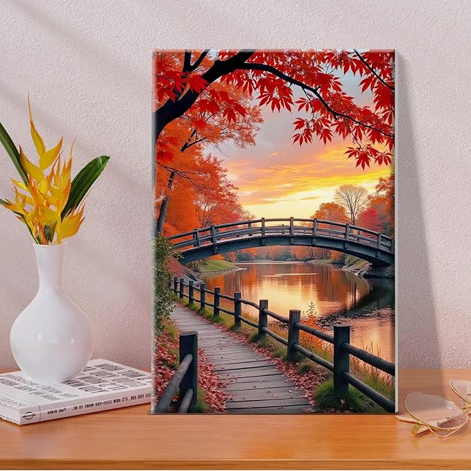 JOOZ Paint by Numbers Kit for Adults with Frame Autumn Landscape Paint by Number with Easel Forest Adult Paint by Number Kits Framed Canvas Bridge Oil Painting Kits for Home Wall Decor 8x12 Inch