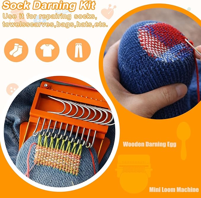 Knit Patch Kit, Mini Darning Loom, Darning Egg Weaving Tool Include Small Weaving Loom with 14 Large Eye Needles 50 Colors Thread for Visible Mending Jeans, Socks and DIY Fabric Repair (Orange)