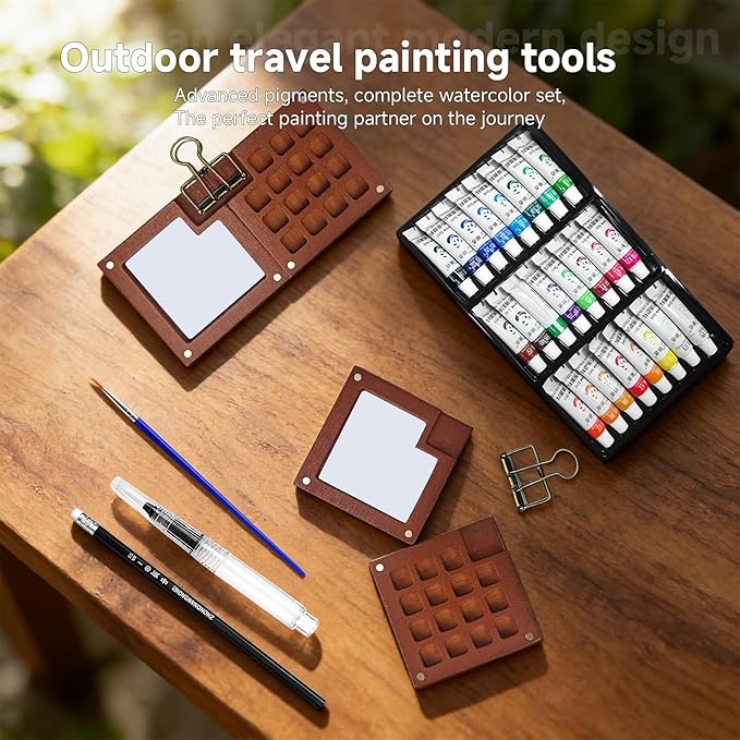 Mini Watercolor Travel Set for Beginners 24 Color Portable Watercolor Paint Set with Walnut Wood Palette Water Brush & Sketchbook Compact Travel Art Supplies for Artists beginner & Painters