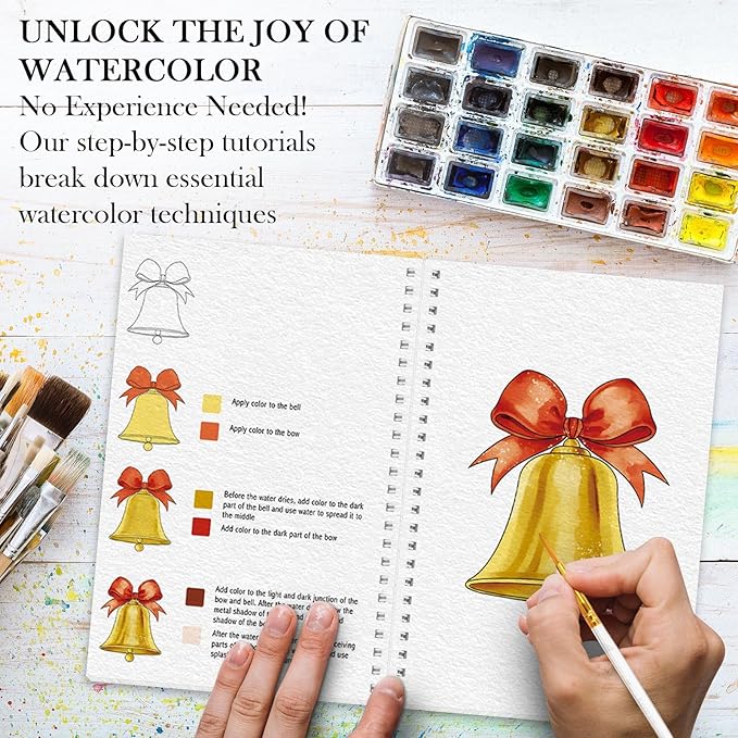 Watercolor Workbook, Watercolor Workbook Paint Book Beginner Friendly, 12 Different Patterns Stress-Relieving Art Crafts for Creative Exploration Gift for Women Adults Teens (Christmas, 1)