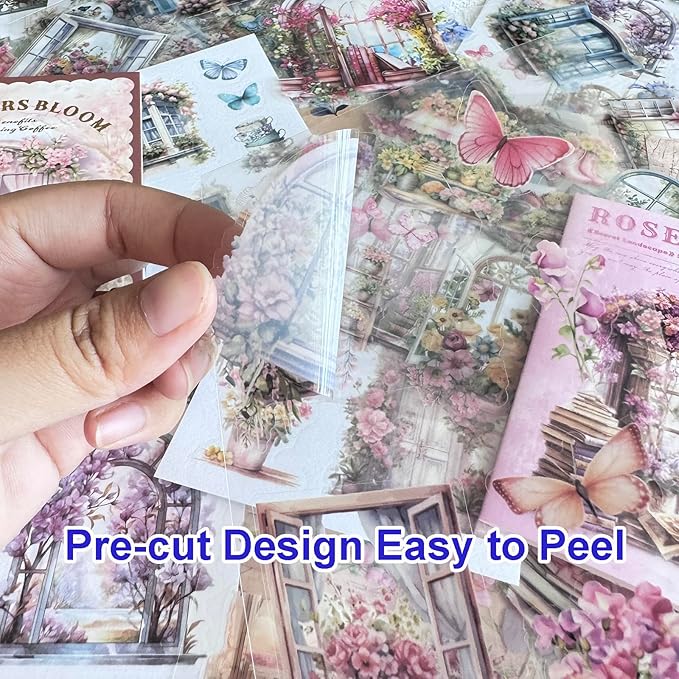 64 Sheets Vintage Floral Scrapbooking Kit, Precut Floral Natural Garden Flowers Butterfly Transparent PET and Washi Stickers with Scrap book Paper for Scrapbook Supplies Junk Journals Craft (Flower)