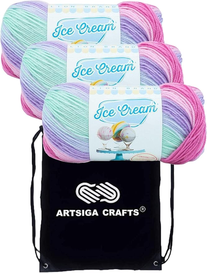 Lion Brand Ice Cream Ube 923-227 (3-Skeins - Same Dye Lot) Baby Sport #2 Acrylic Yarn for Crocheting and Knitting with Project Bag