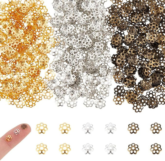 UNICRAFTALE About 2100Pcs 3 Colors Bead Caps Filigree Bead End Caps Metal Flower End Caps Hollow Multi-Petal Beads Cap for Bracelet Jewelry Making Supplies