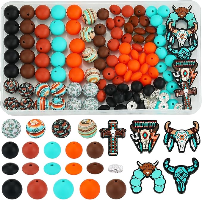 121 Pcs Cattle Themed 12mm 15mm Silicone Beads Kit for Keychain Making Cross Beads Round Focal Beads for Pens Bracelets Necklace DIY Crafts Jewelry Making