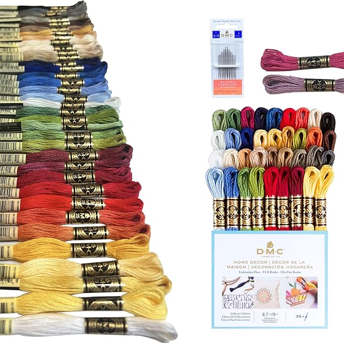 DMC Home Decor Embroidery Floss Set, Cotton Thread Kit Assortmant Pack Bundle with Hand Embroidery Needle Size 3/9 and Threads of DMC Cyclamen Pink/Light Grape. Cross Stitch String,Yarn Supplies