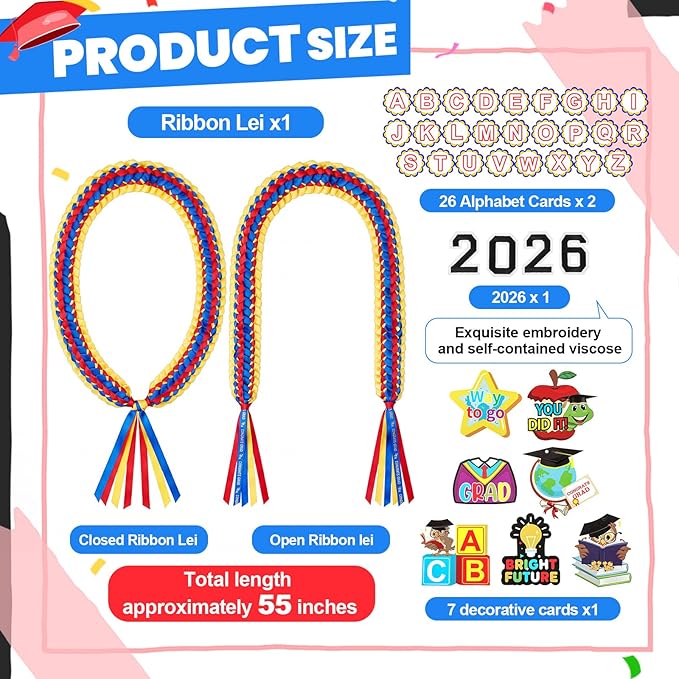 Juexica Kindergarten Graduation Ribbon Leis Class of 2026 Braided Necklace Making Kit with Alphabetic Decorative Cards Preschool Kids Grad Graduation Party Gifts(Red, Yellow, Blue)