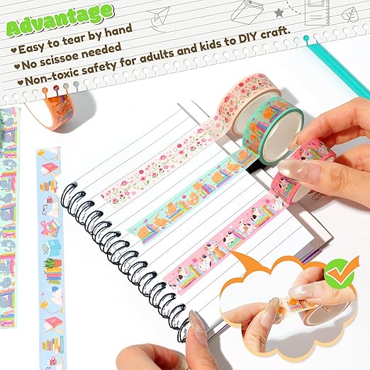 Cats Books Washi Tapes - 12pcs Cute Trendy Colored Aesthetic Stacking Book Decorative Cat Paw Artistic Photo Scrapbook Masking Sided Adhesive Tape Set Supplies DIY Craft Bookish Gift Wrapping