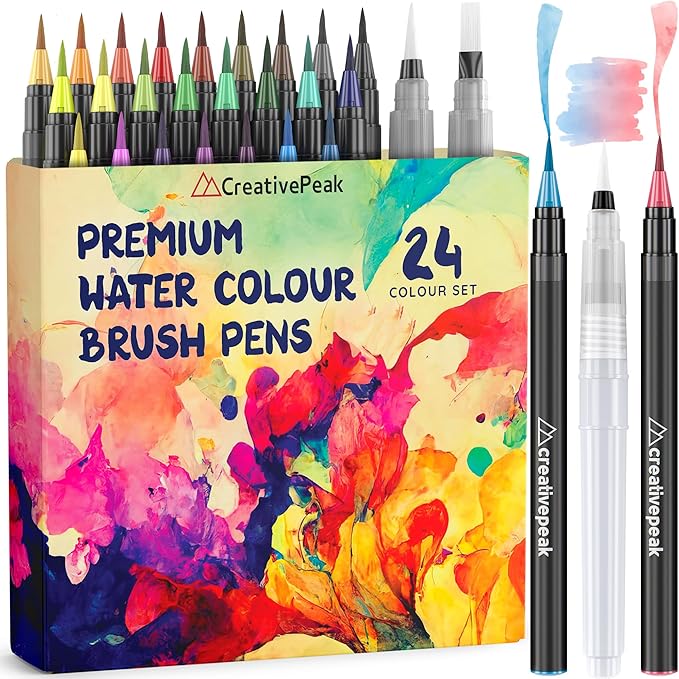 Creativepeak Watercolor Brush Pens - 24 Vibrant Soft Tip Coloring Markers with 2 Blending Brushes - Premium Art Supplies for Calligraphy, Lettering, Coloring & Journaling