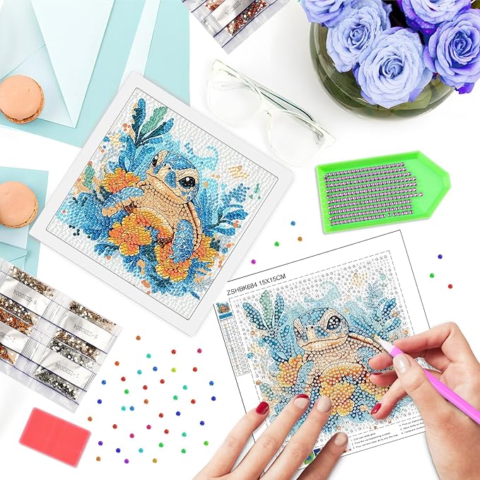 SENQAO Turtle Diamond Art Kit for Adults with Frame Art and Crafts for Adults Ages 6-8 -10-12 Easy to DIY Diamond Art for Adults and Adult Beginners Home Wall Decoration 7.1x7.1inch