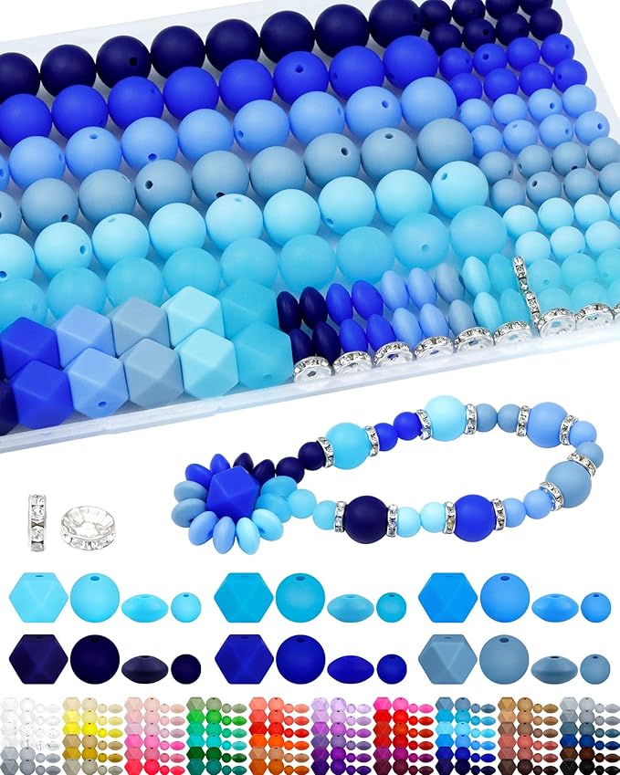172PCS FIVEIZERO Silicone Beads for Keychain Making, 6 Mixed Colors Silicone Focal Beads Kit, 9mm & 15mm Round Lentil Hexagon Bead & Rhinestone Spacer Bead for Jewelry Making & Bracelets (Blue)