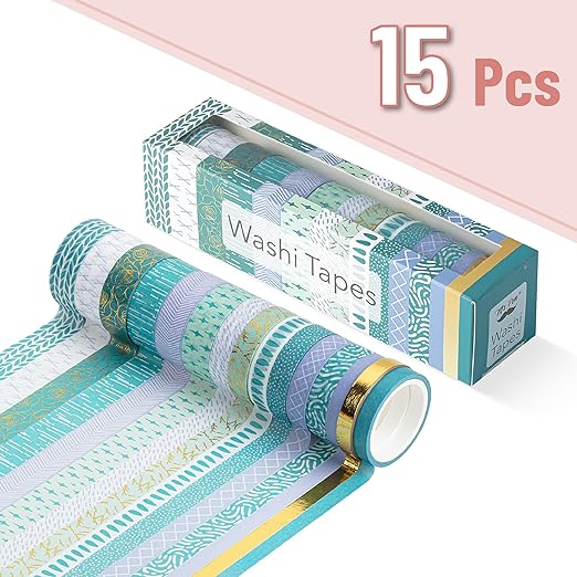 Mr. Pen- Washi Tape Set, 15 Rolls, 5 Yards/Roll, Ocean Breez Design, Gold Foil Washi Tape for Journaling, (6 x 15mm, 6 x 10mm & 3 x 7mm Wide)