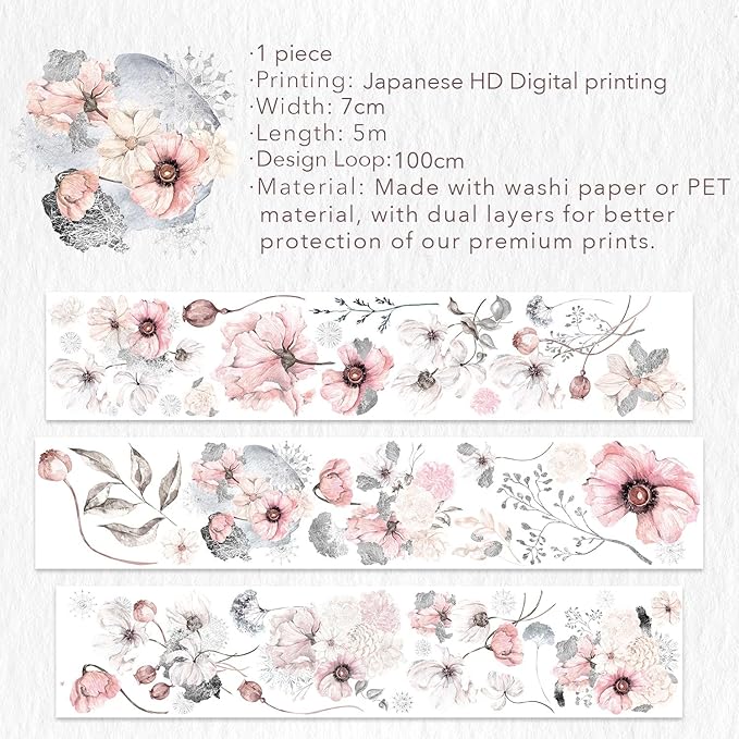 WT Frostbloom Wide PET Tape, Single Roll, Original Winter Floral Designs, Clear Transparent Adhesive Tape – Not Pre-Cut, for Junk Journals, Scrapbooks, Bujo, Planners, DIY Crafts, Art Stationery