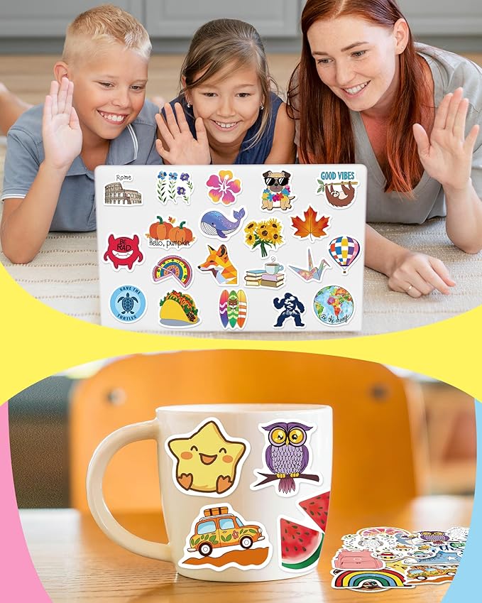 greingways 100 pcs water bottle stickers for kids classroom, waterproof stickers for laptop scrapbook skateboard, vinyl cute sticker packs for teens boys girls adults