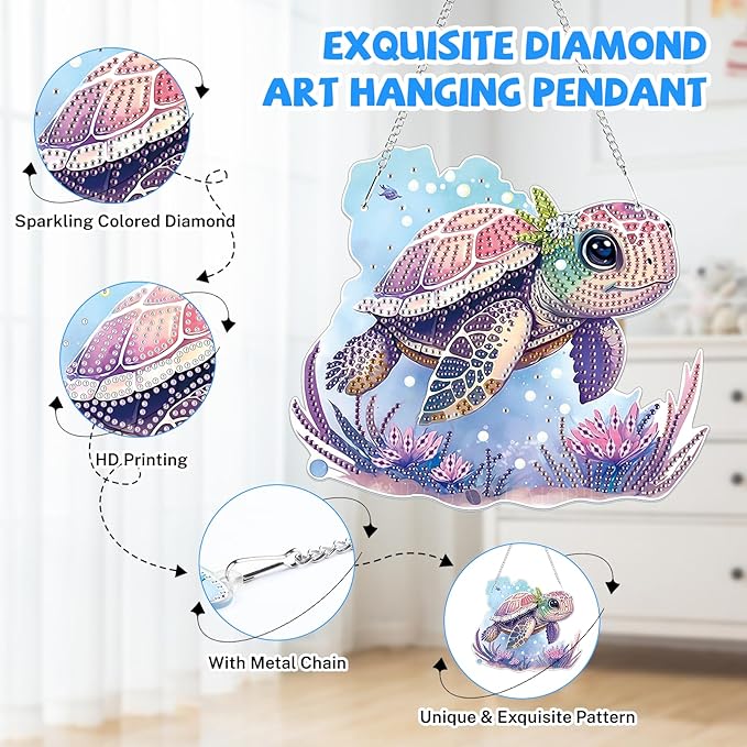 Bowetile Sea Turtle Diamond Art Hanging Kits for Adults, 5D Special Shape Diamond Painting Animals Kits, Animal Gem Art Suncatchers Painting Pendant Ornament for Home Garden Wall Decor