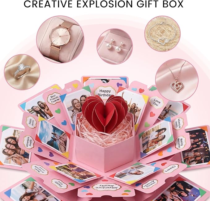 Koogel Explosion Gift Box, Surprise Picture Love Box Pink Exploding Photo Album with DIY Scrapbooking Accessories for Birthday Wedding