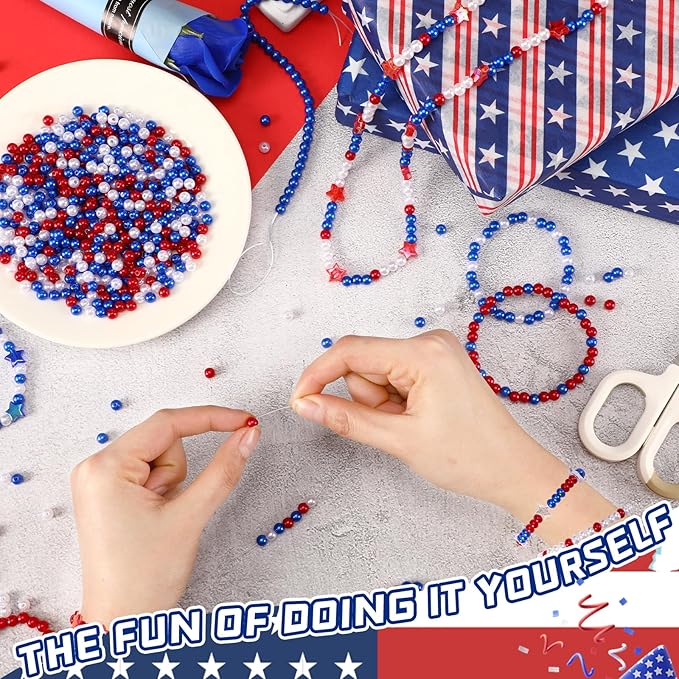 UPINS 1200Pcs Red White Blue Beads, 4th of July Patriotic Round 6mm Pearl Beads for Jewelry Making Independence Day Party Decoration Necklace Bracelets Earrings Hair Beads DIY Crafts Supplies