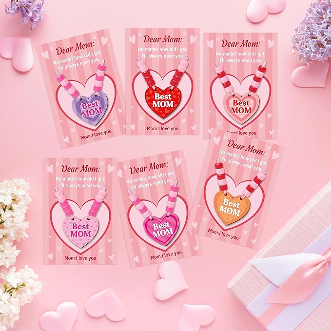 BeYumi Mom Necklace Craft Kit - 24Pcs DIY Mother's day Best Mom Wooden Heart Pendant Beads Necklace Making with Greeting Card Love Mother Make Your Own Gift for Kid School Classroom Family Party Favor