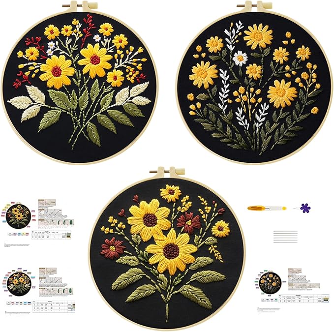 57lilina embroidery kit for beginners, pack of 3 with hoops, threads, needles - starter cross stitch supplies for adults, gift for relaxation craft lovers, flower theme