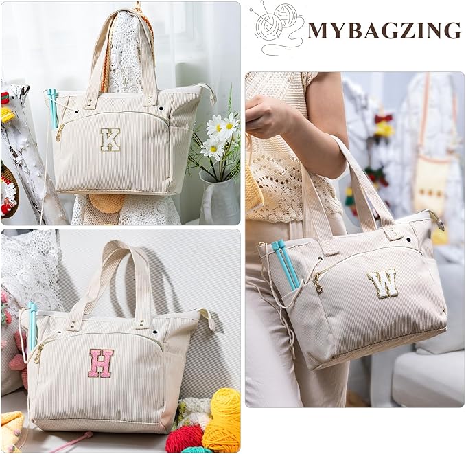 Initial Personalized Crochet Tote - Corduroy Yarn Storage Holder - Organizer for Hooks, Accessories - Project Knitting Bag - Crochet Lover Gift
